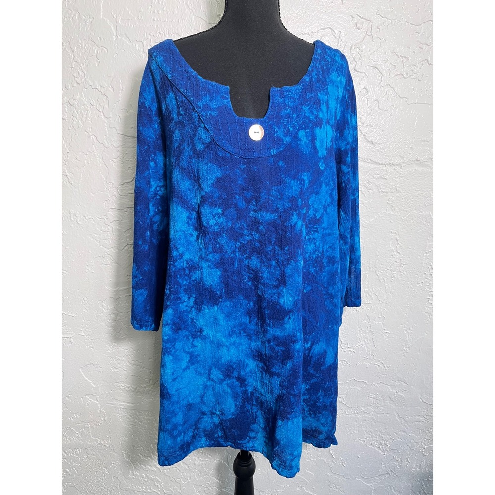 Cotton Ways Blue Tie Dye Crinkle Tunic Dress Size 1 S/M Boho Lagenlook